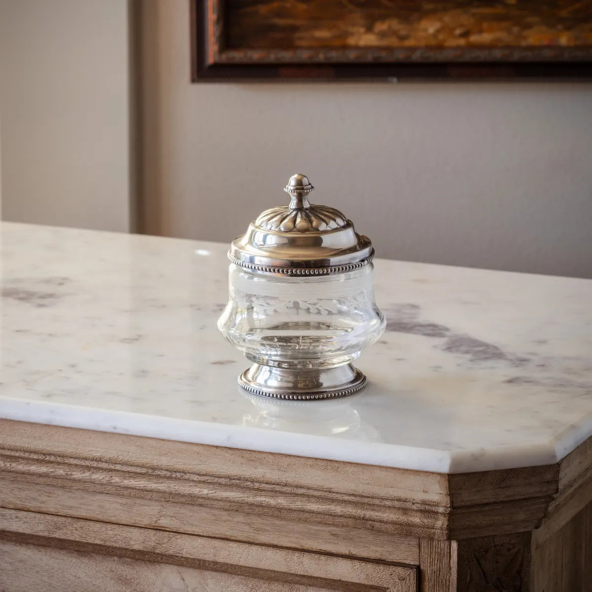 Antique Silver Etched Glass Vanity Cannister