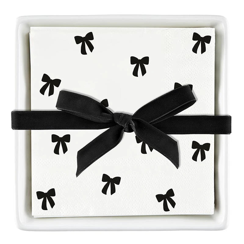 Ceramic Napkin Tray + Napkins - Black Bows