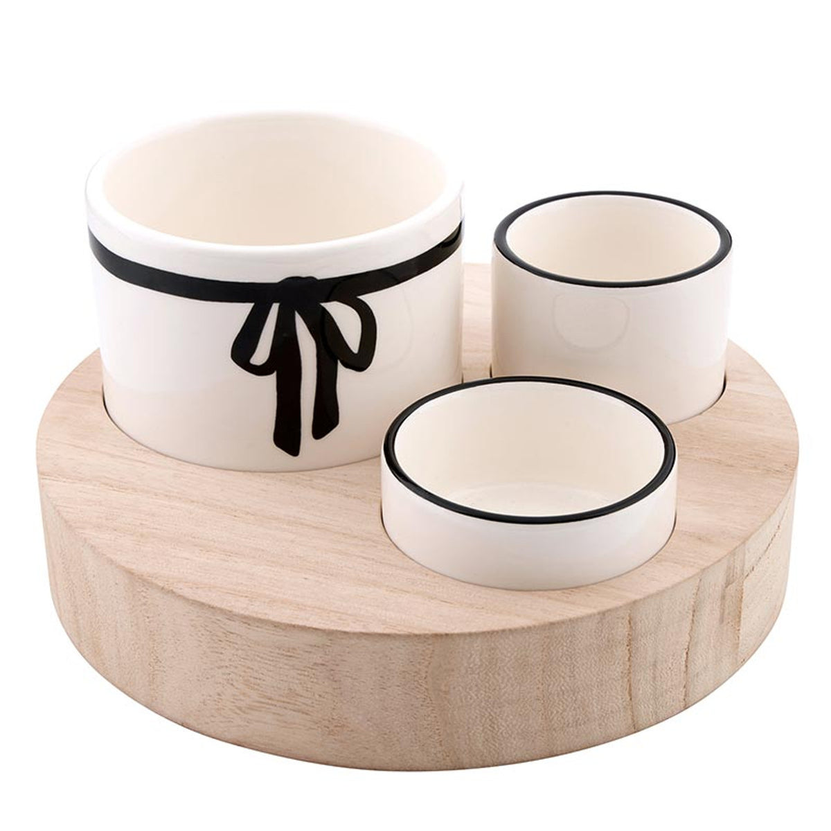 Trio Ceramic Bowls With Wood Base - Bow