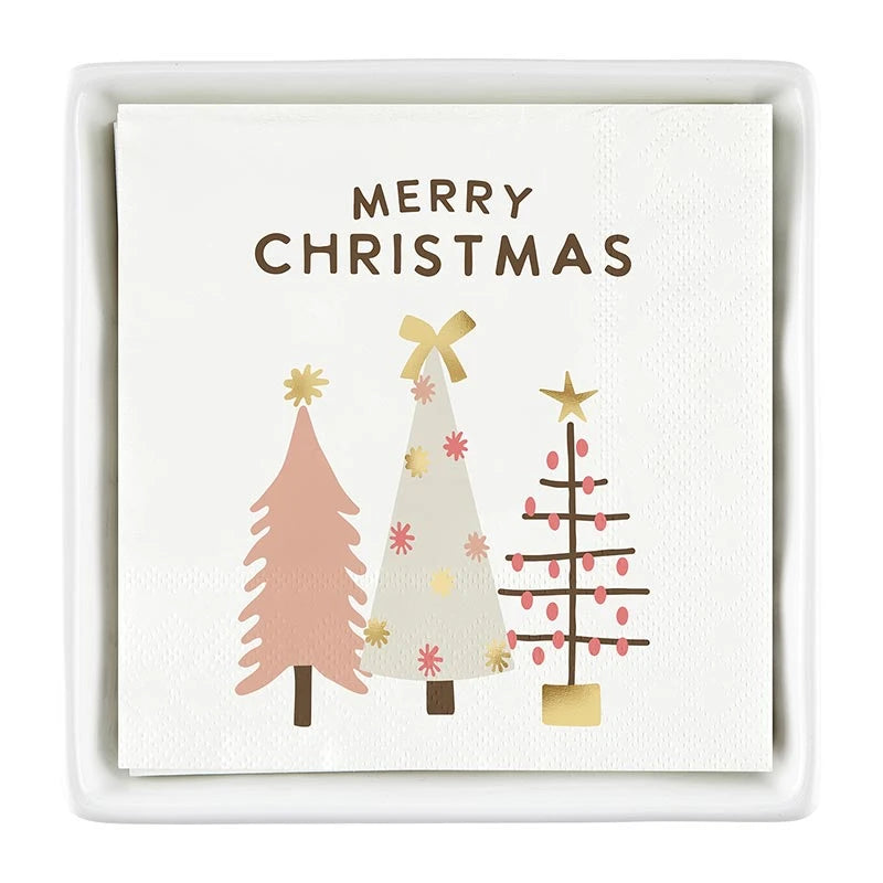 Ceramic Napkin Tray + Napkins - Blush Merry Christmas