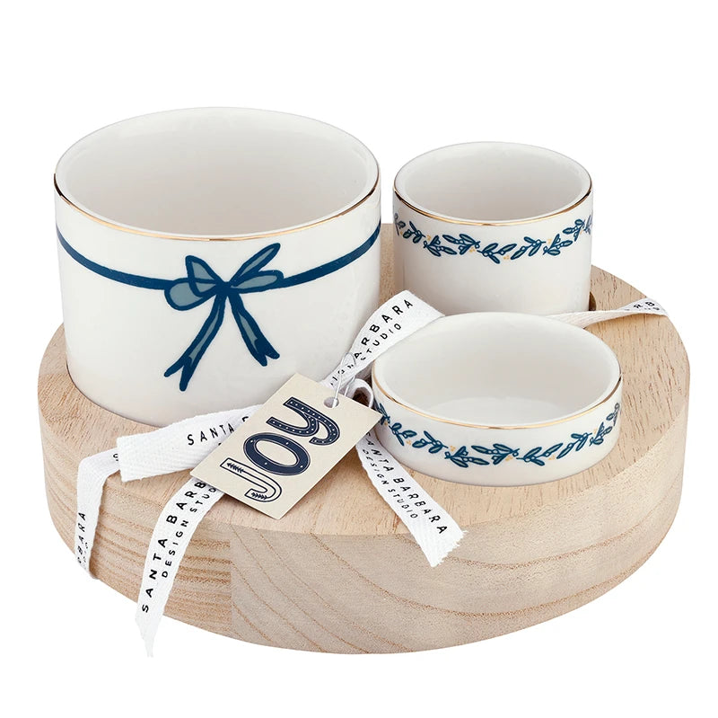 Trio Ceramic Bowls With Wood Base - Blue Bow
