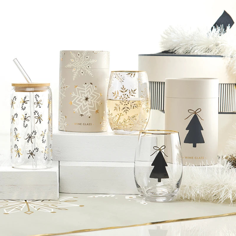 Gold Foil Stemless Wine Glass - Snowflakes