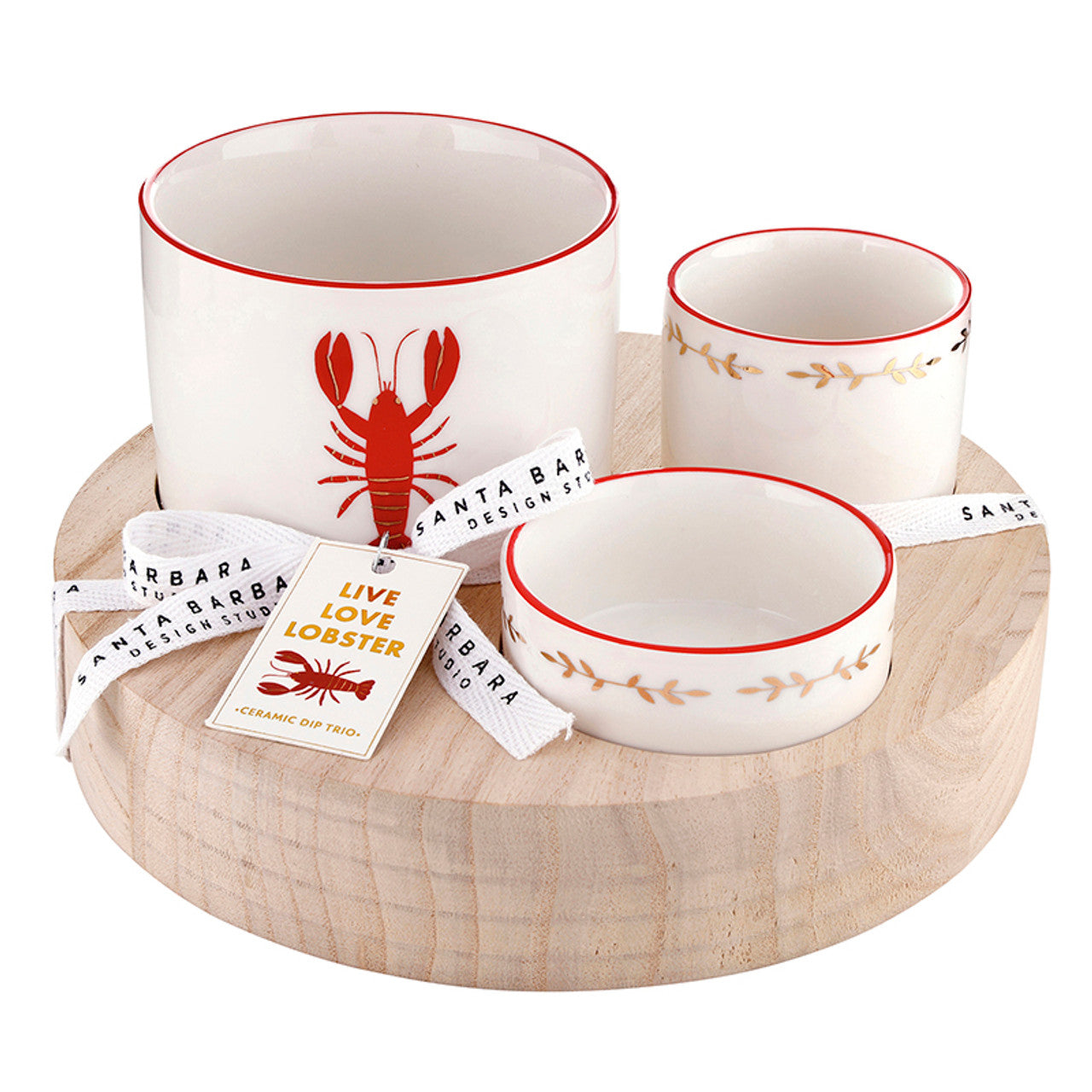 Trio Ceramic Bowls on Wood Base - Lobster