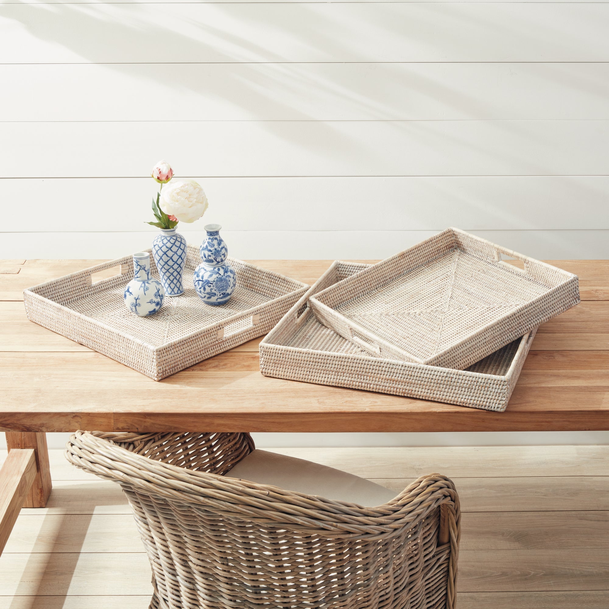 Burma Rattan Ottoman Trays, Set of 3- Whitewash