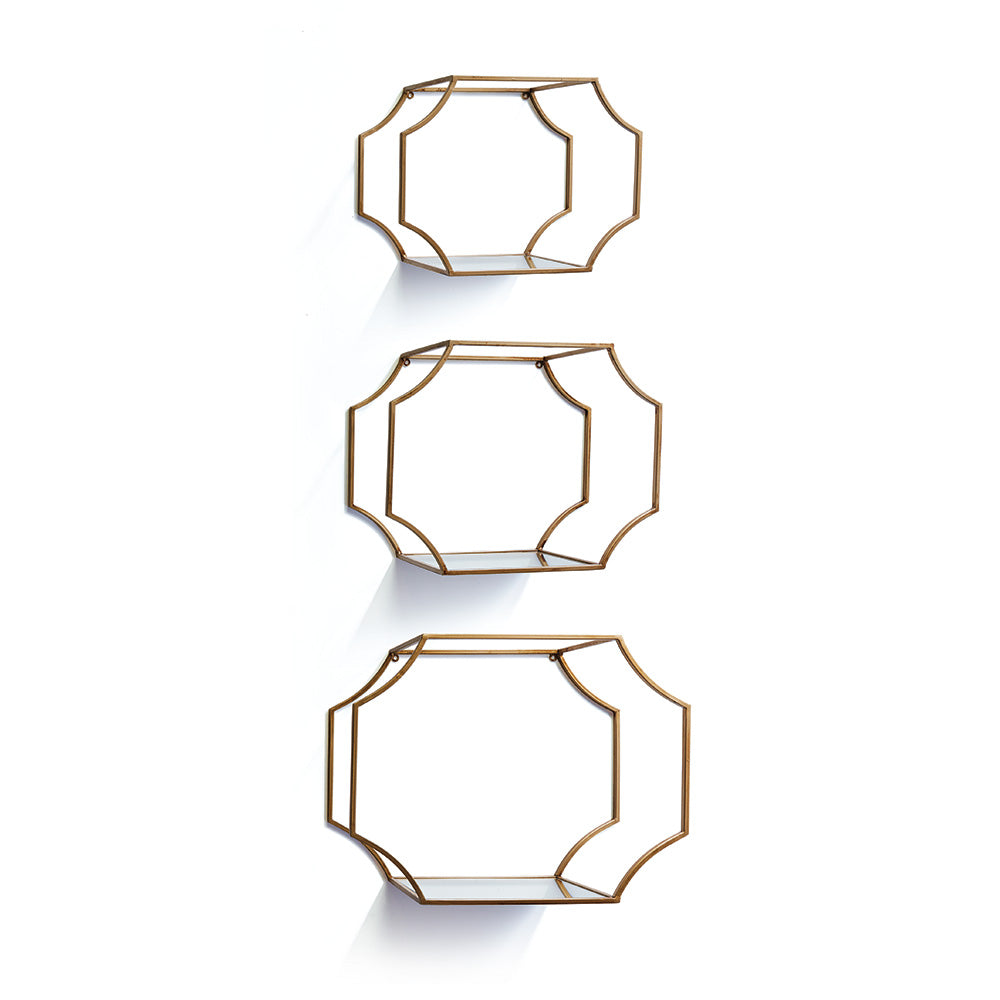Hudson Mirrored Wall Shelves, Set of 3 - Antique Gold