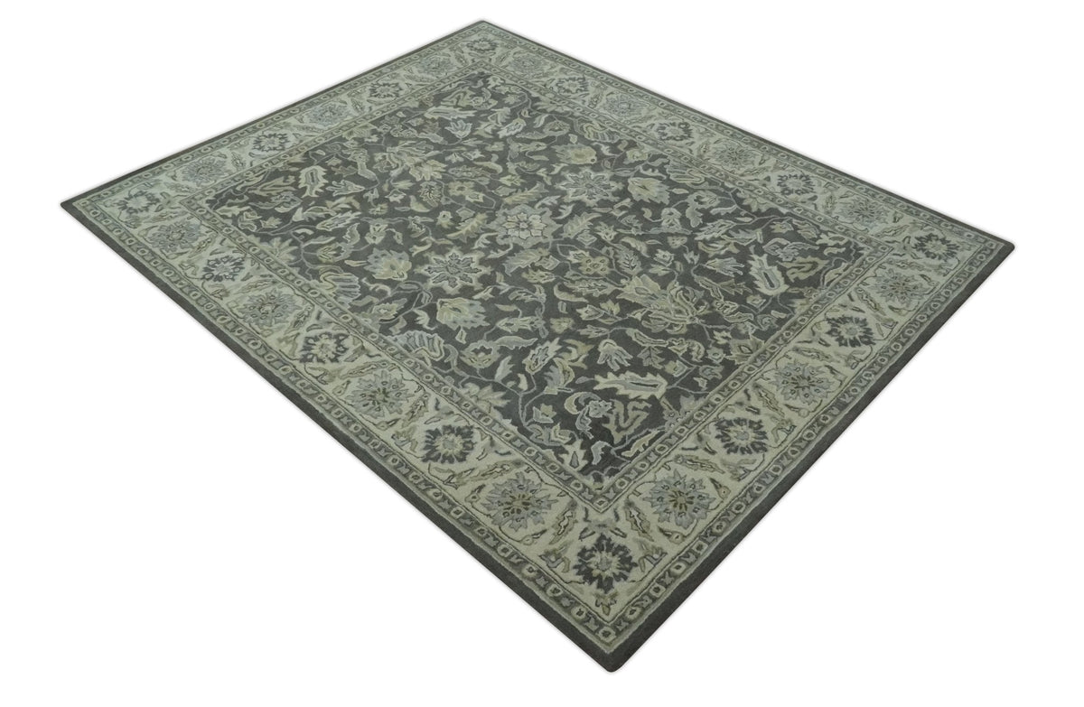 Antique Design 8x10 Charcoal and Beige Traditional Floral Hand Tufted rug