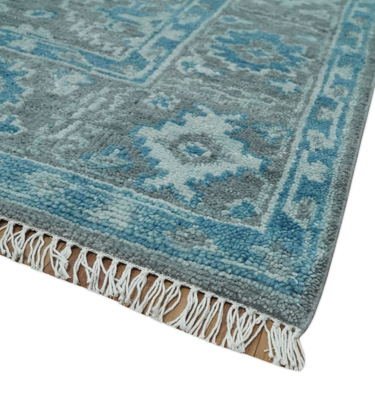 Antique Turkish Gray and Blue Hand Knotted 8x10 Wool Area Rug