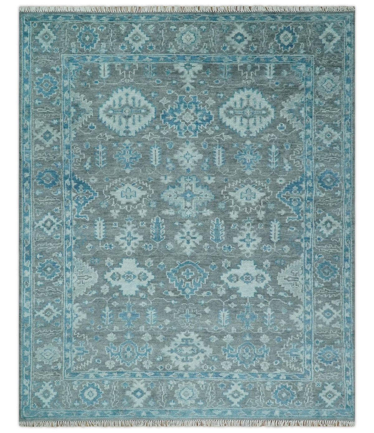 Antique Turkish Gray and Blue Hand Knotted 8x10 Wool Area Rug