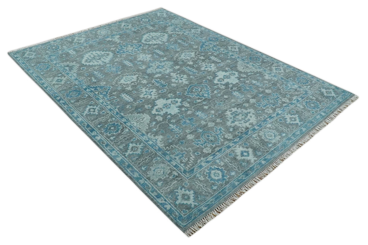 Antique Turkish Gray and Blue Hand Knotted 8x10 Wool Area Rug