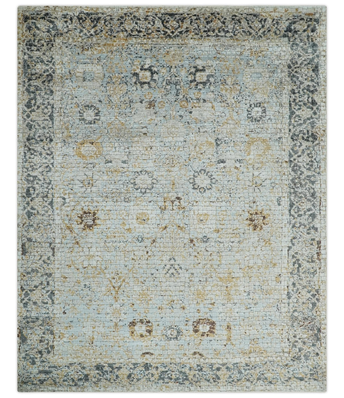 Antique look Aqua, Gold and Charcoal Hand Knotted Carved Texture Traditional Oriental Oushak 8x10 wool Area Rug