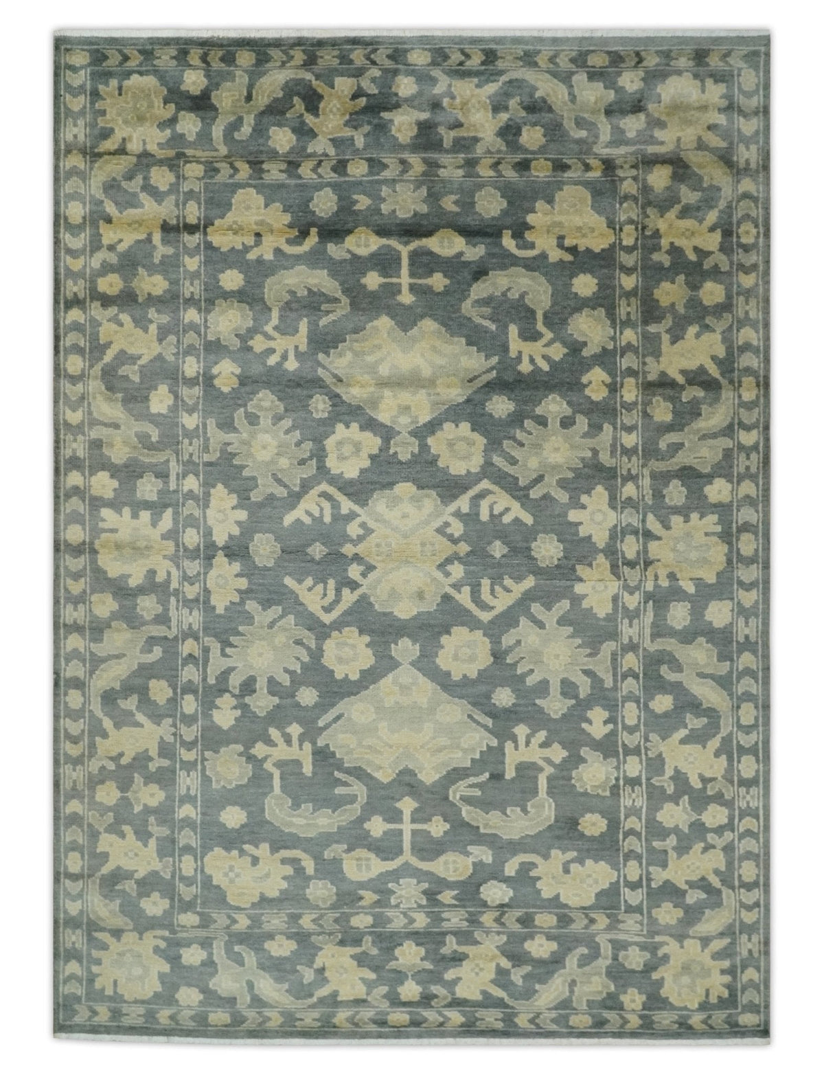 Antique Style 6x9 Hand Knotted Beige and Charcoal Traditional Wool Rug | N35669