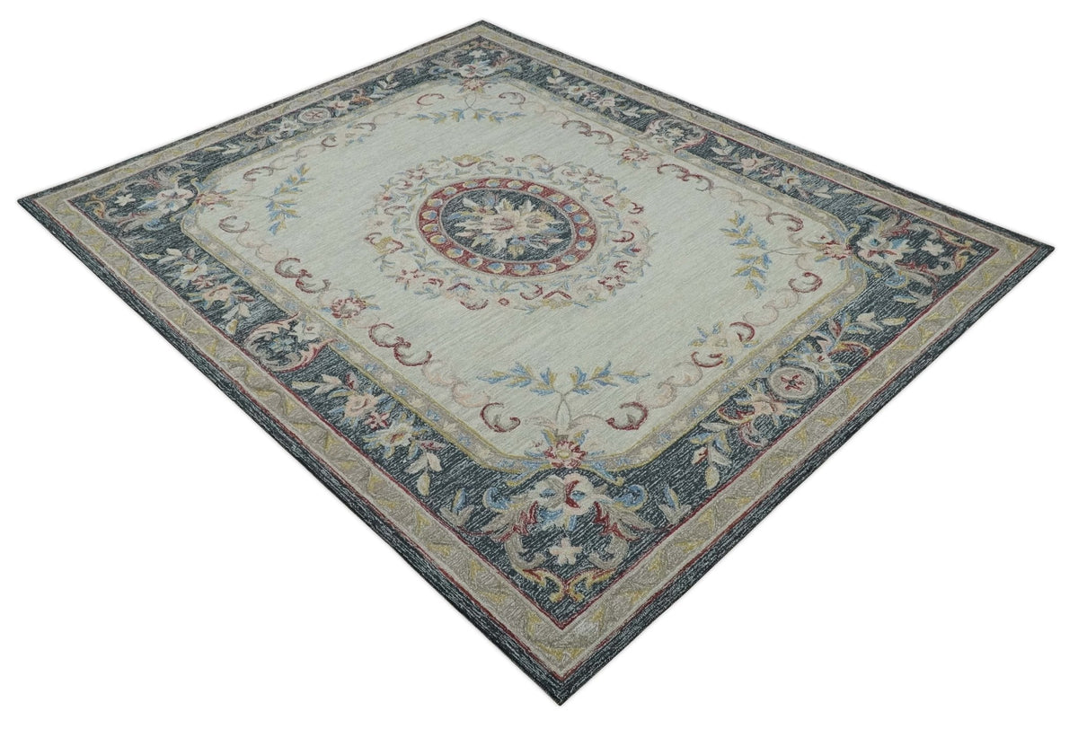 Antique Style Beige and Charcoal Aubusson design Hand Tufted 8x10 wool Area Rug