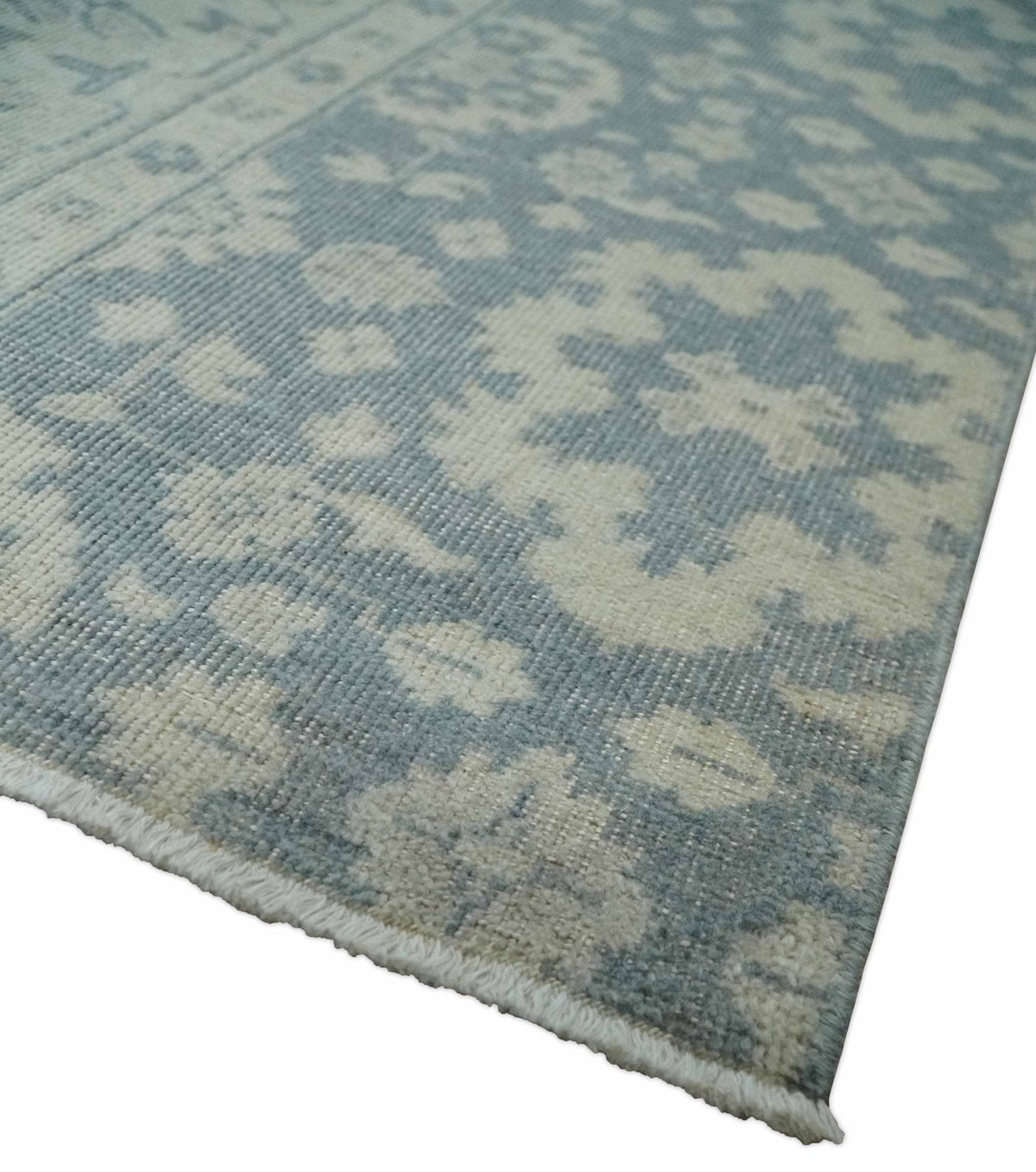 Antique Style Ivory and Charcoal Hand Knotted Traditional Oushak 2x4 wool Bedside Rug
