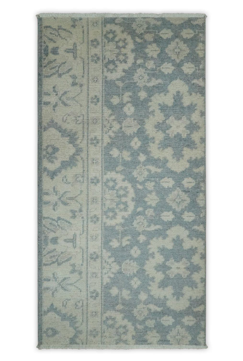 Antique Style Ivory and Charcoal Hand Knotted Traditional Oushak 2x4 wool Bedside Rug