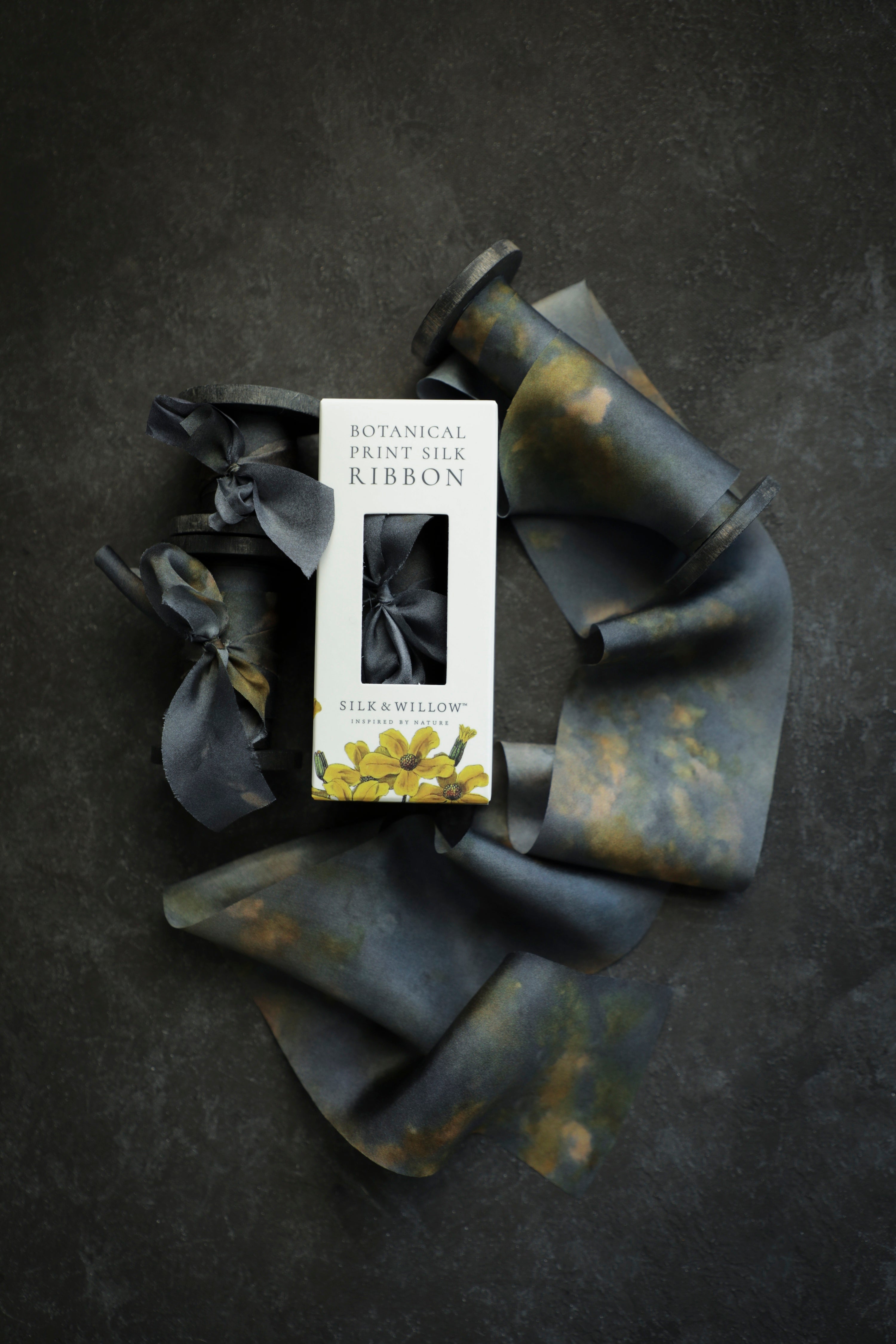 Midnight Botanical Print Silk ribbon