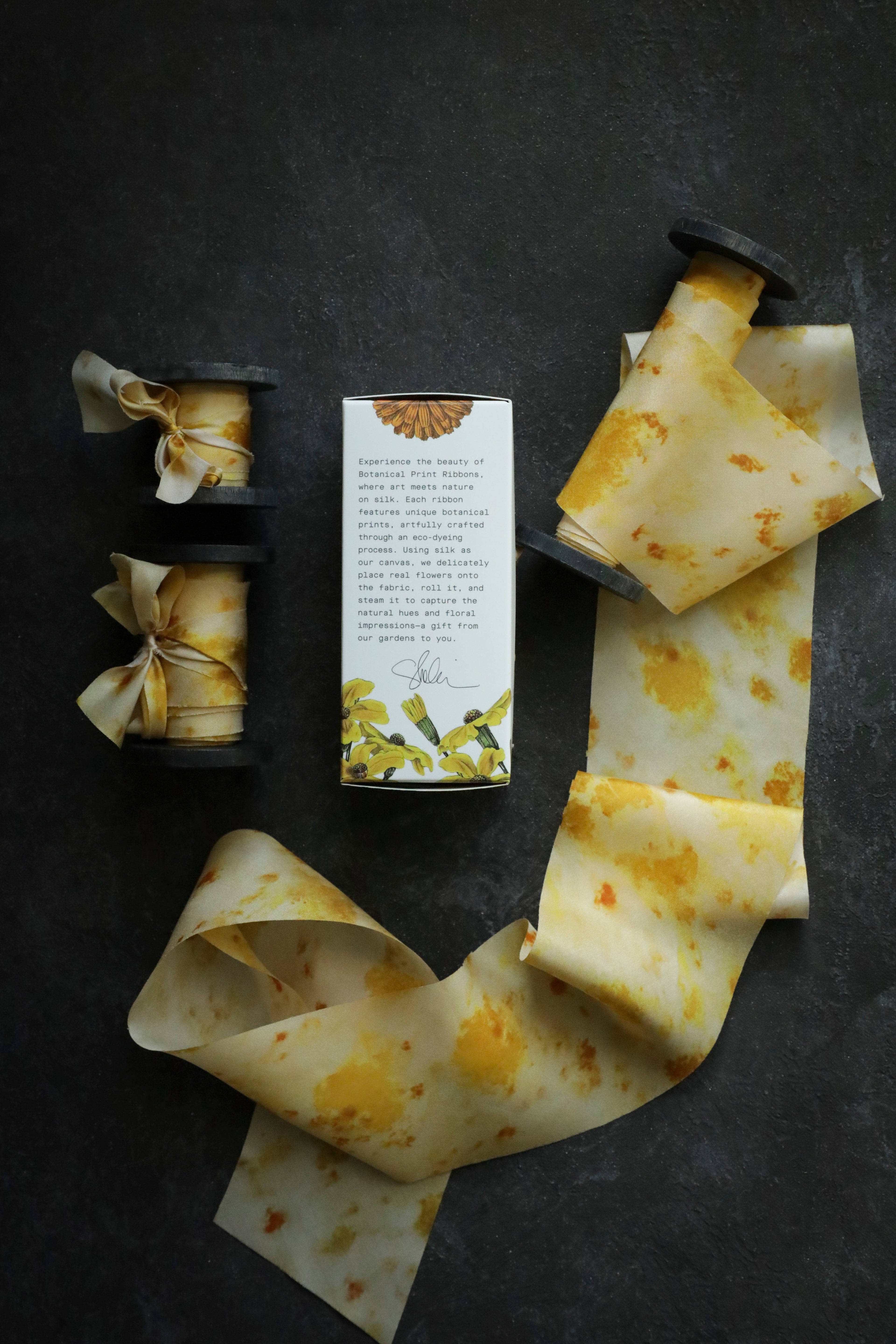 Marigold Yellow Botanical Print Silk Ribbon
