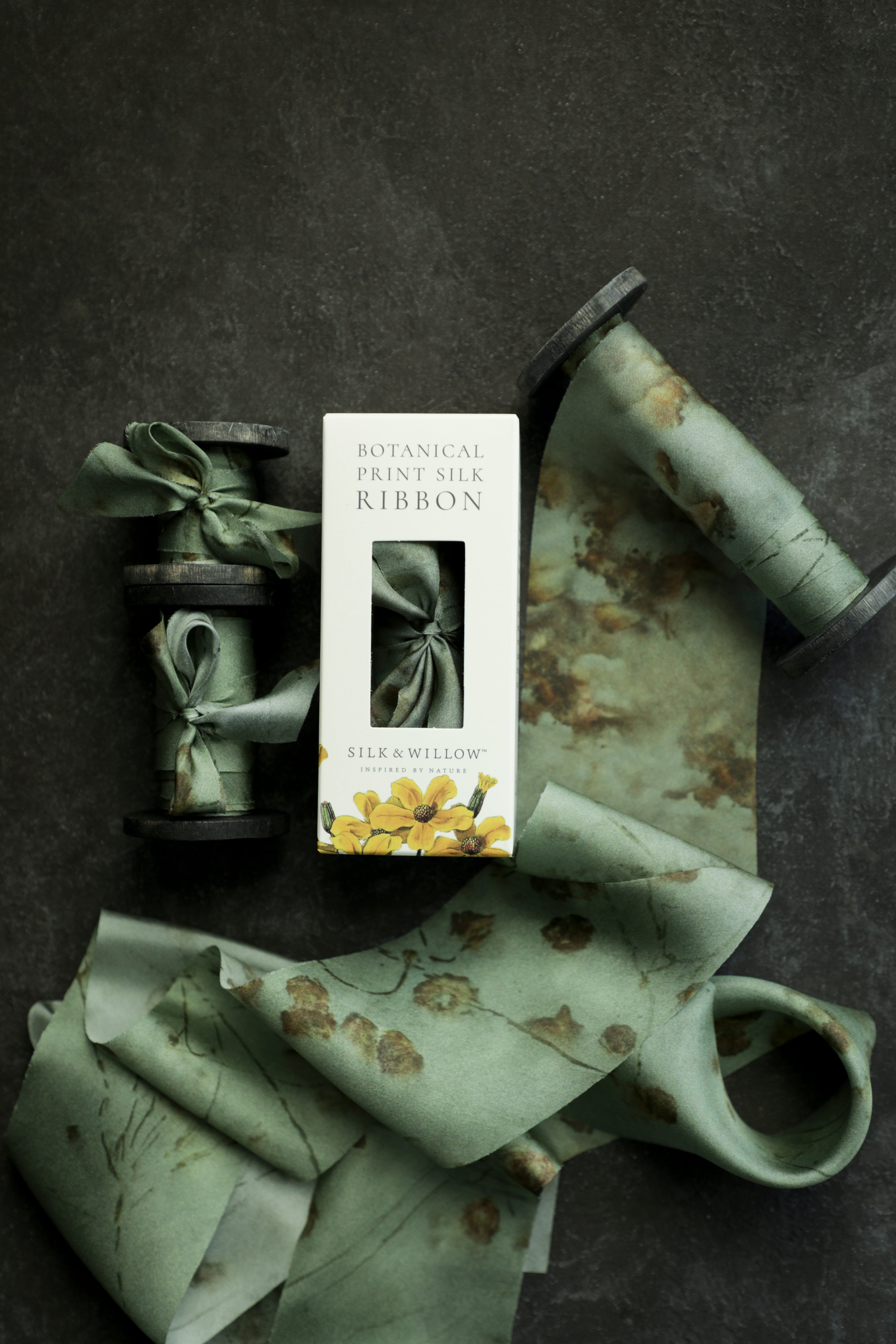 Coreopsis Sage Botanical Print Silk ribbon