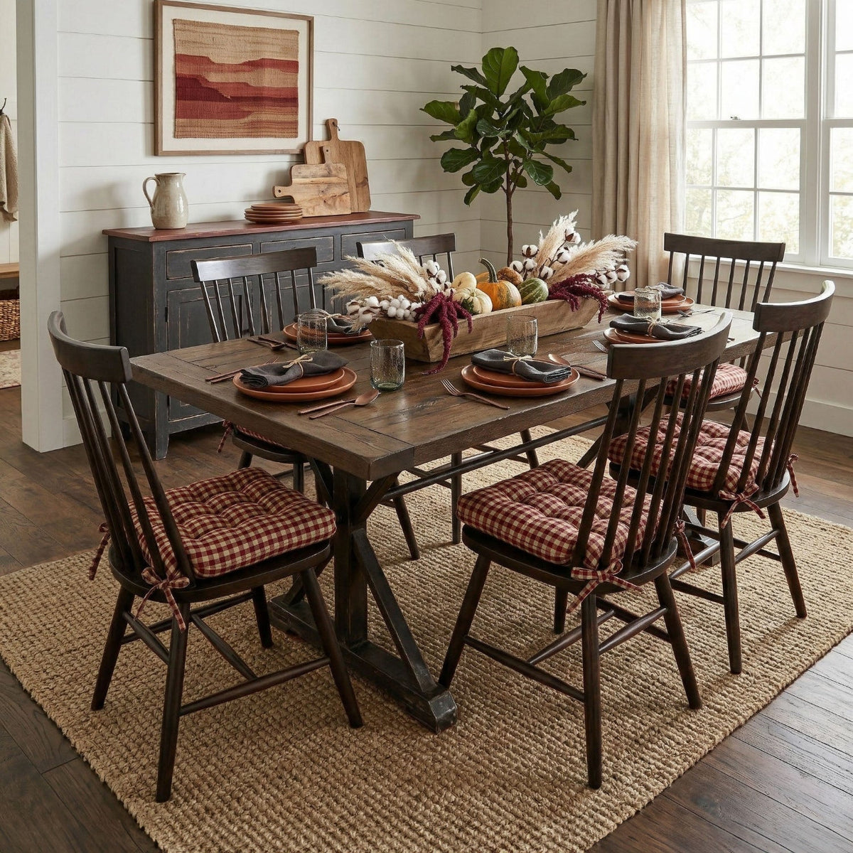 Farmhouse Check Dark Red & Tan Dining Chair Pads - Made in USA - 100% Cotton - Machine Washable