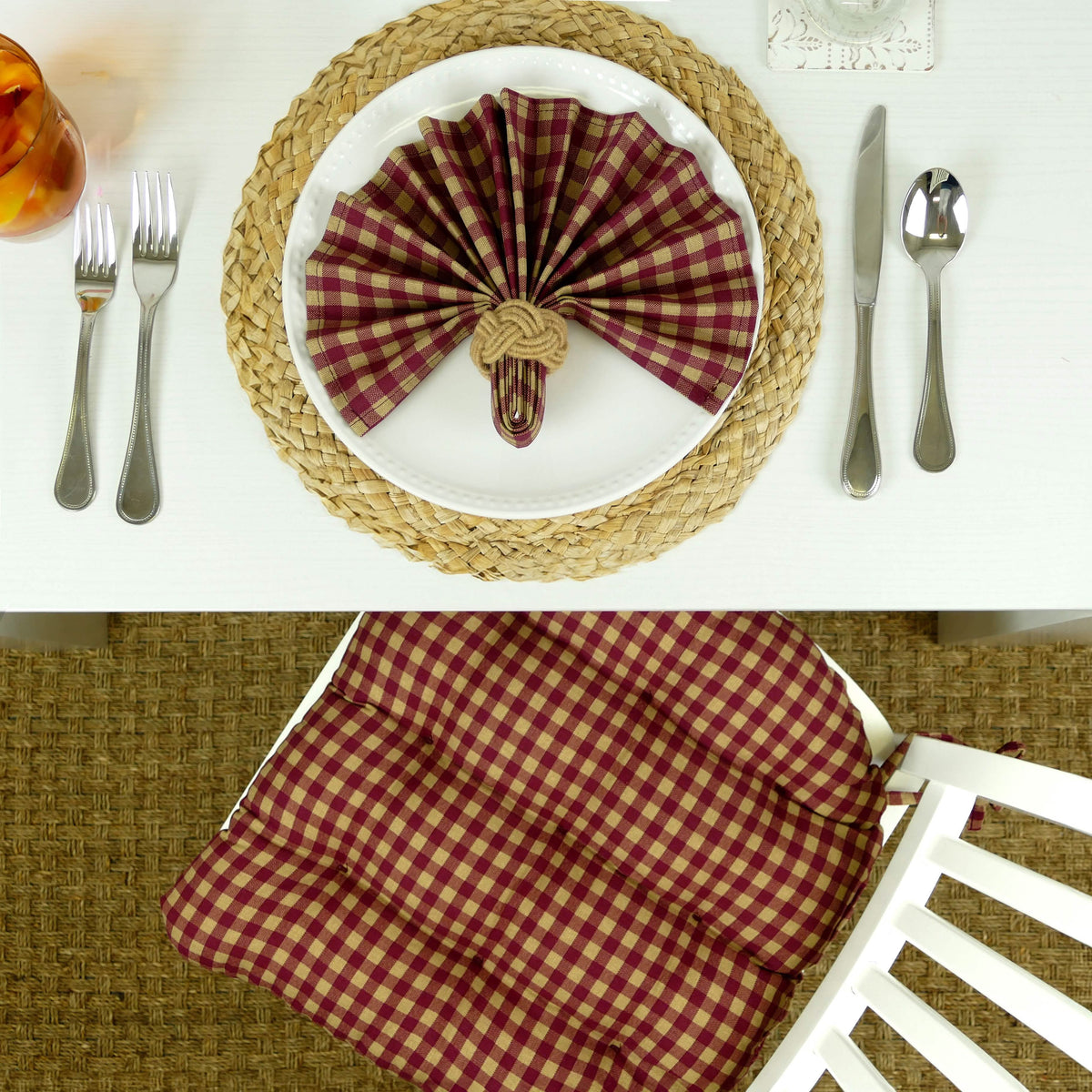 Farmhouse Check Dark Red & Tan Dining Chair Pads - Made in USA - 100% Cotton - Machine Washable