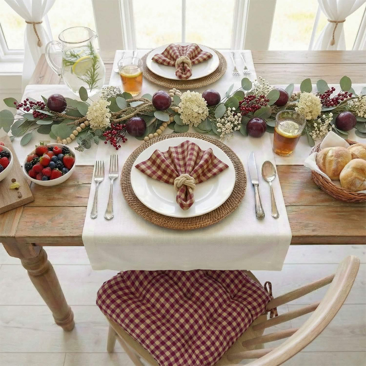 Farmhouse Check Dark Red & Tan Dining Chair Pads - Made in USA - 100% Cotton - Machine Washable