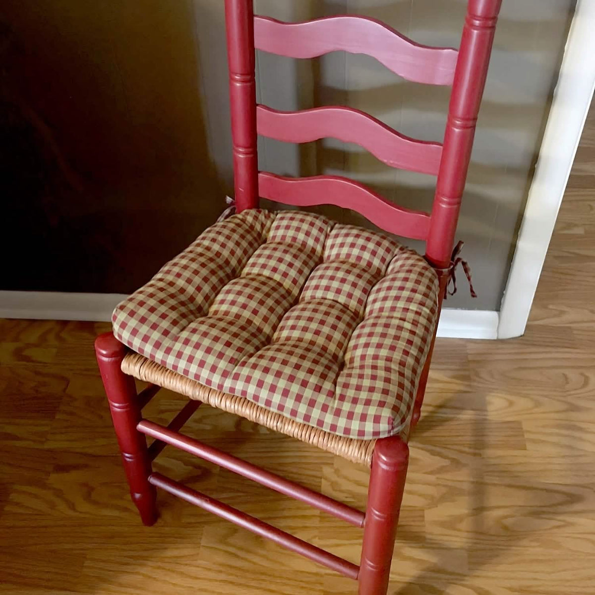 Farmhouse Check Dark Red & Tan Dining Chair Pads - Made in USA - 100% Cotton - Machine Washable
