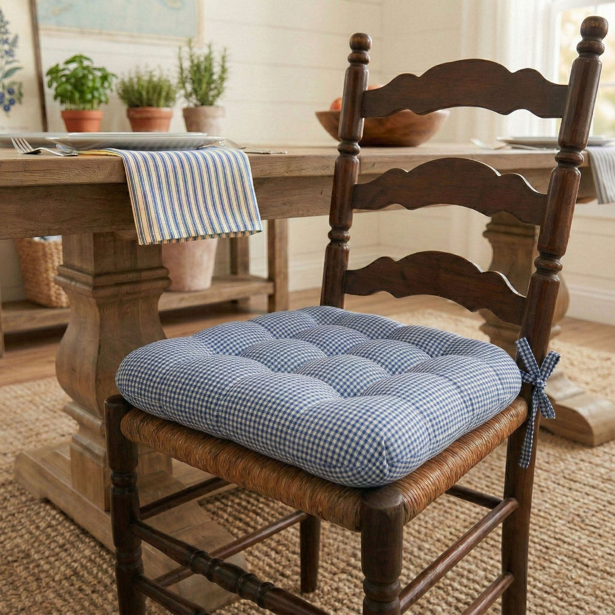 Madrid Dark Blue Gingham Dining Chair Pads - Made in USA - 100% Cotton - Machine Washable