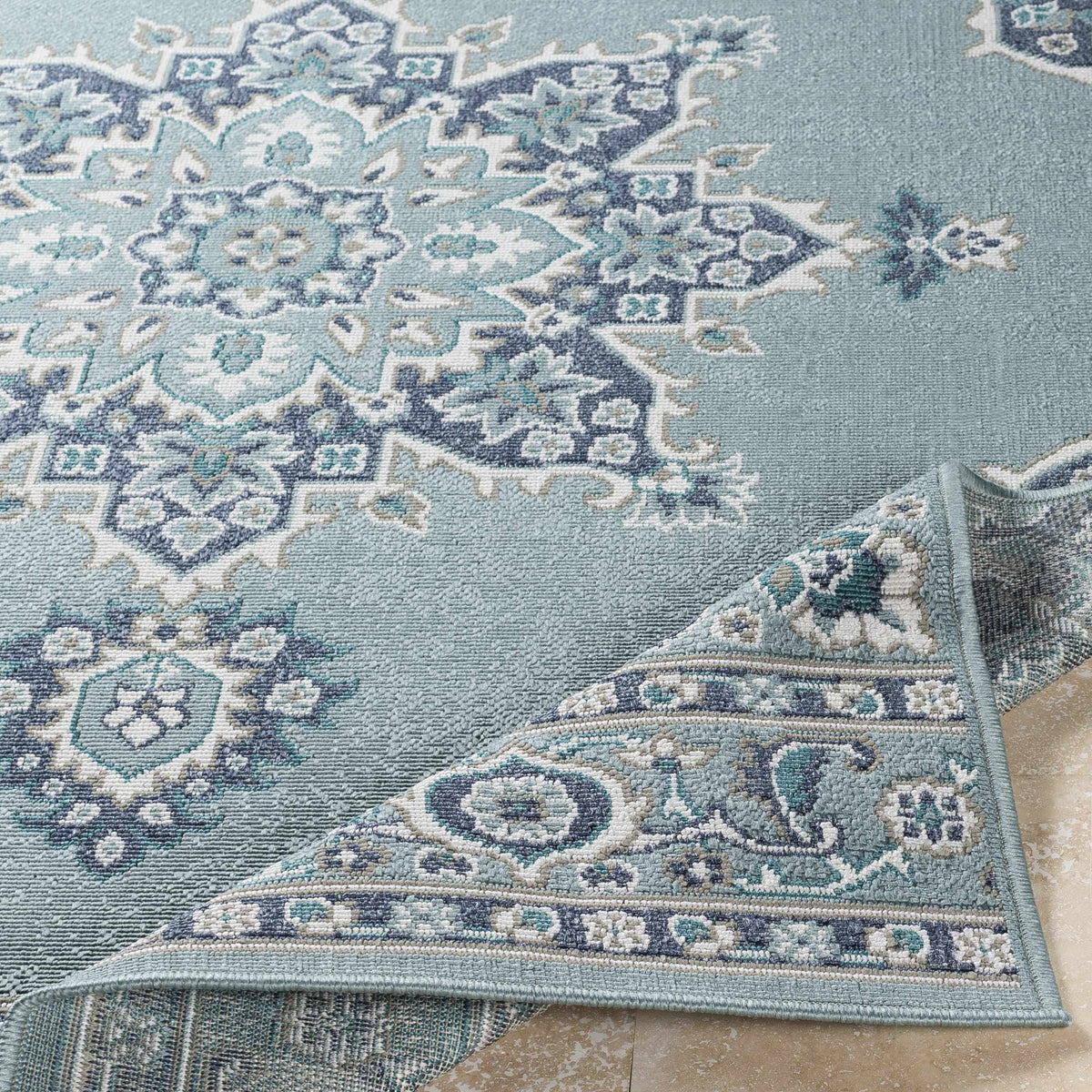 Orla Pale Blue Medallion Outdoor Area Rug - Clearance