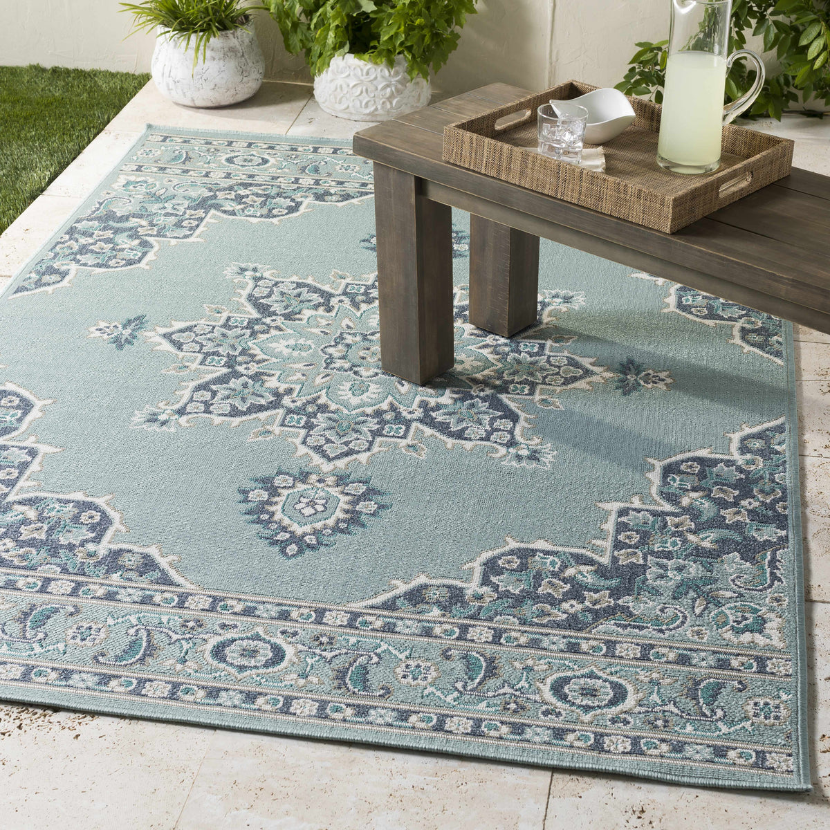 Orla Pale Blue Medallion Outdoor Area Rug - Clearance