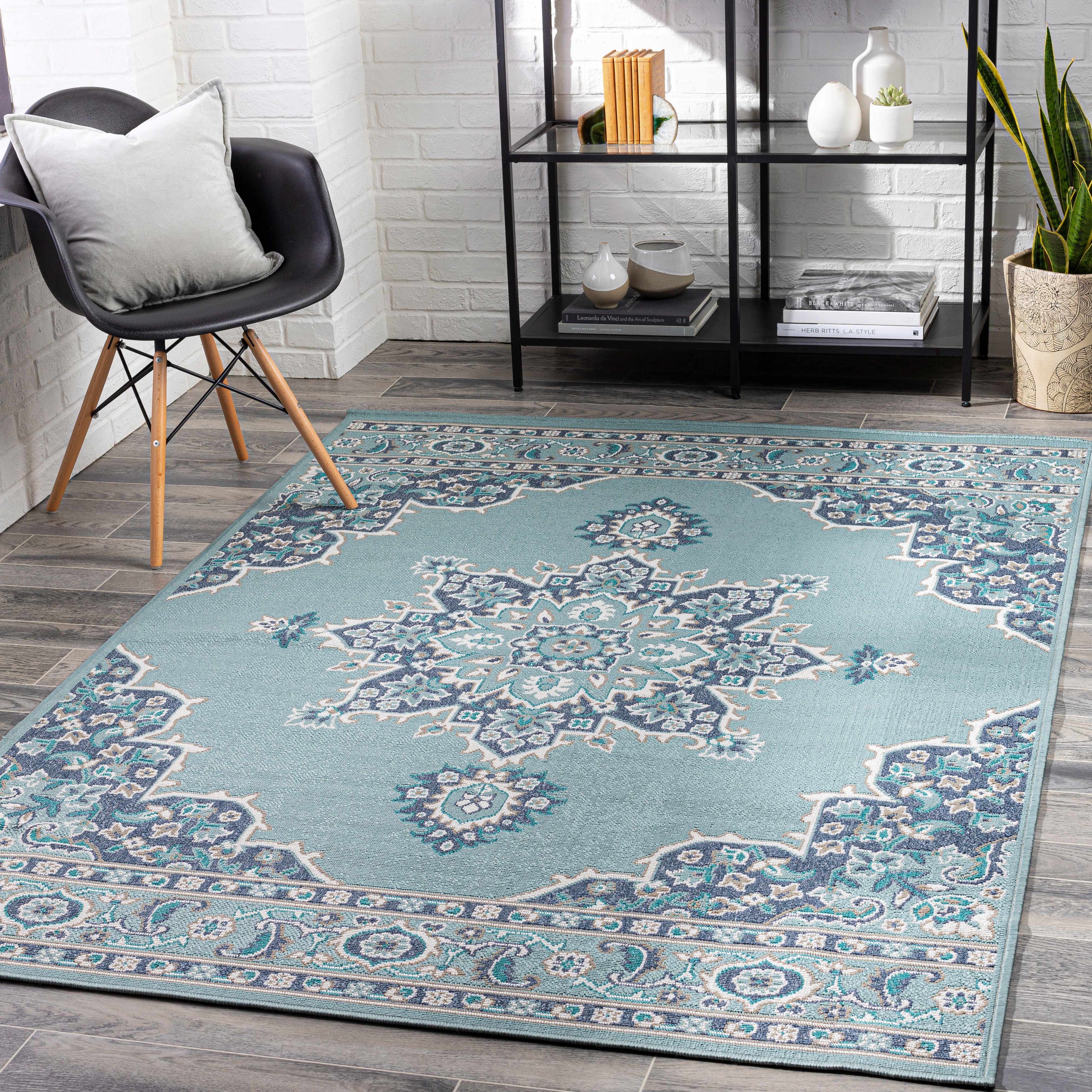 Orla Pale Blue Medallion Outdoor Area Rug - Clearance