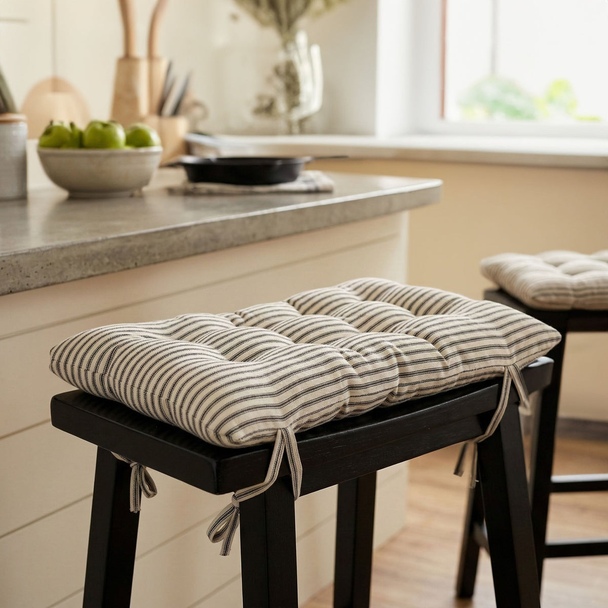 Ticking Stripe Black Saddle Stool Cushions - Gaucho Stool - Satori Seat Cushions - Made in USA