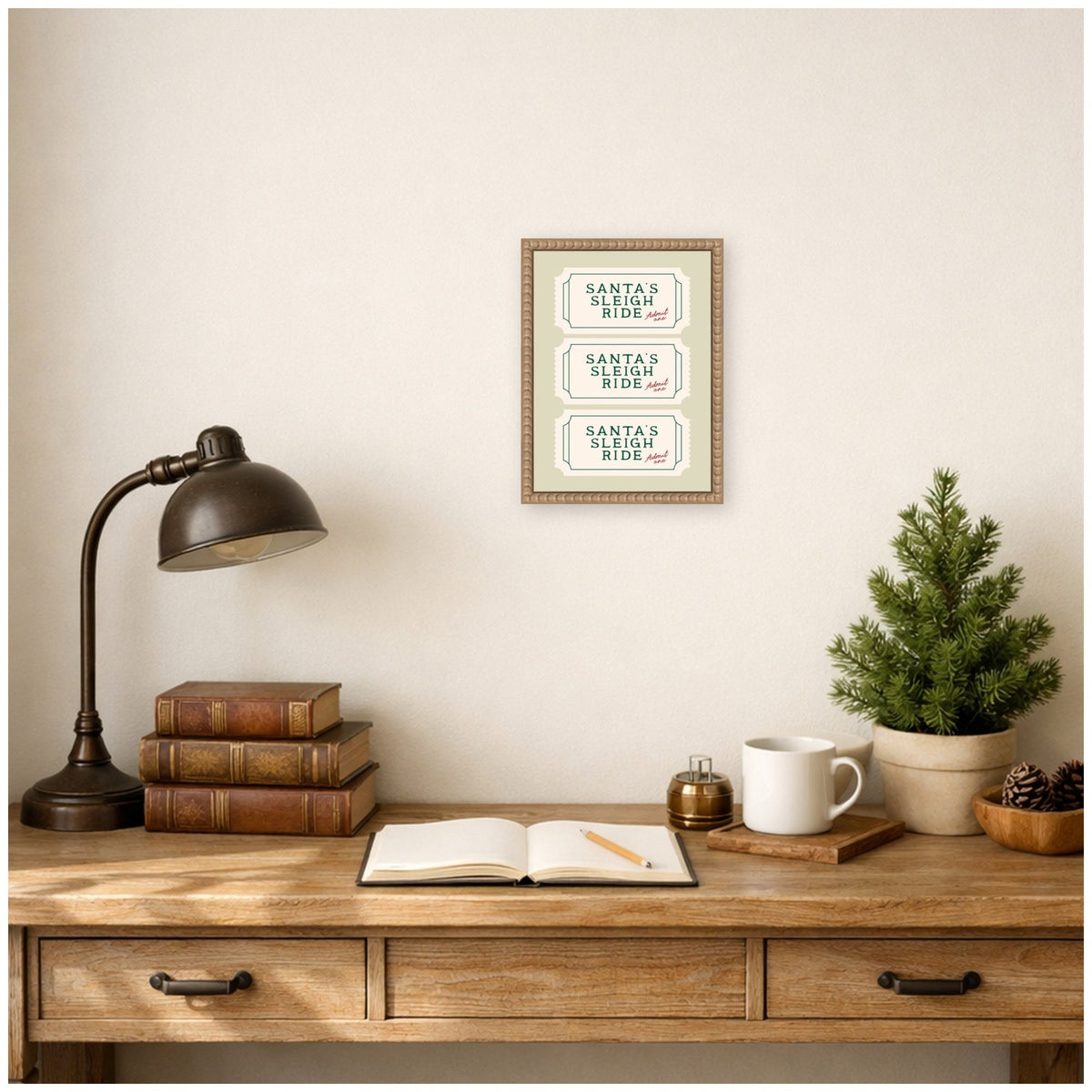 Santa Sleigh Ride Retro Ticket by Lucky Guava Framed Canvas Wall Art Print