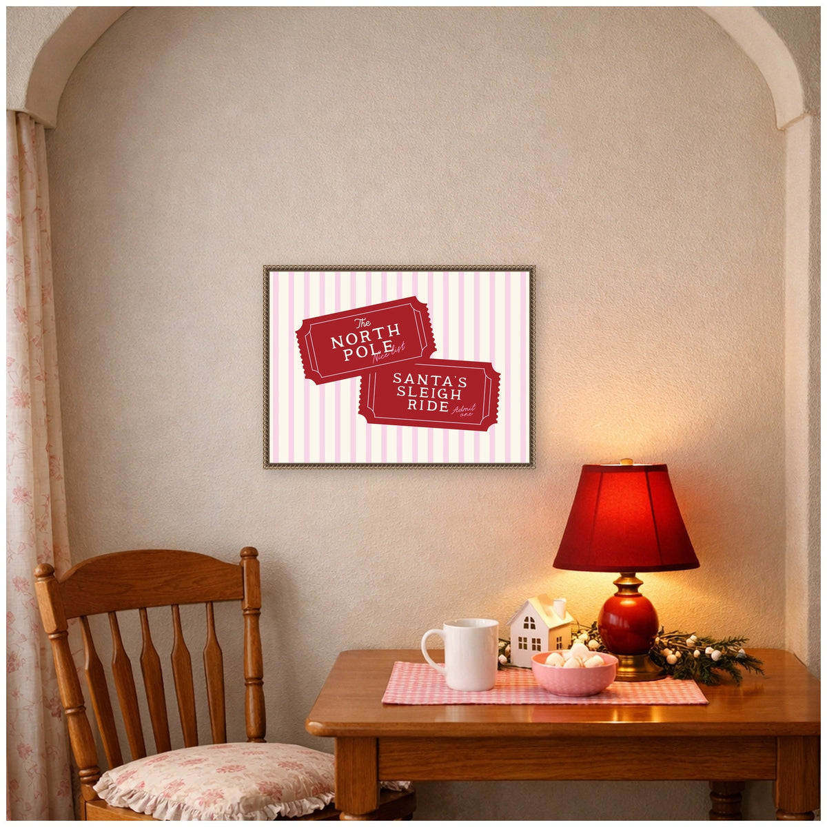Pink North Pole Sleigh Ticket by Lucky Guava Framed Canvas Wall Art Print