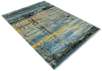 10x14 Fine Hand Knotted Blue and Black Modern Abstract Style Wool and Silk Area Rug