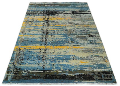 10x14 Fine Hand Knotted Blue and Black Modern Abstract Style Wool and Silk Area Rug