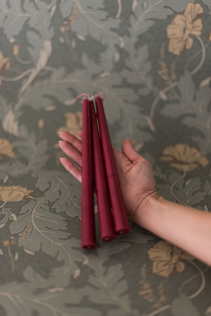 Floral Inlaid Tapered Candle in Burgundy - Set of 3