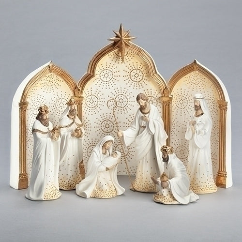 9 PC Gold Dot Nativity Set with Ivory Triptych Backdrop