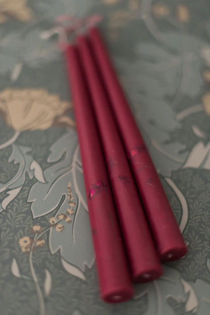 Floral Inlaid Tapered Candle in Burgundy - Set of 3