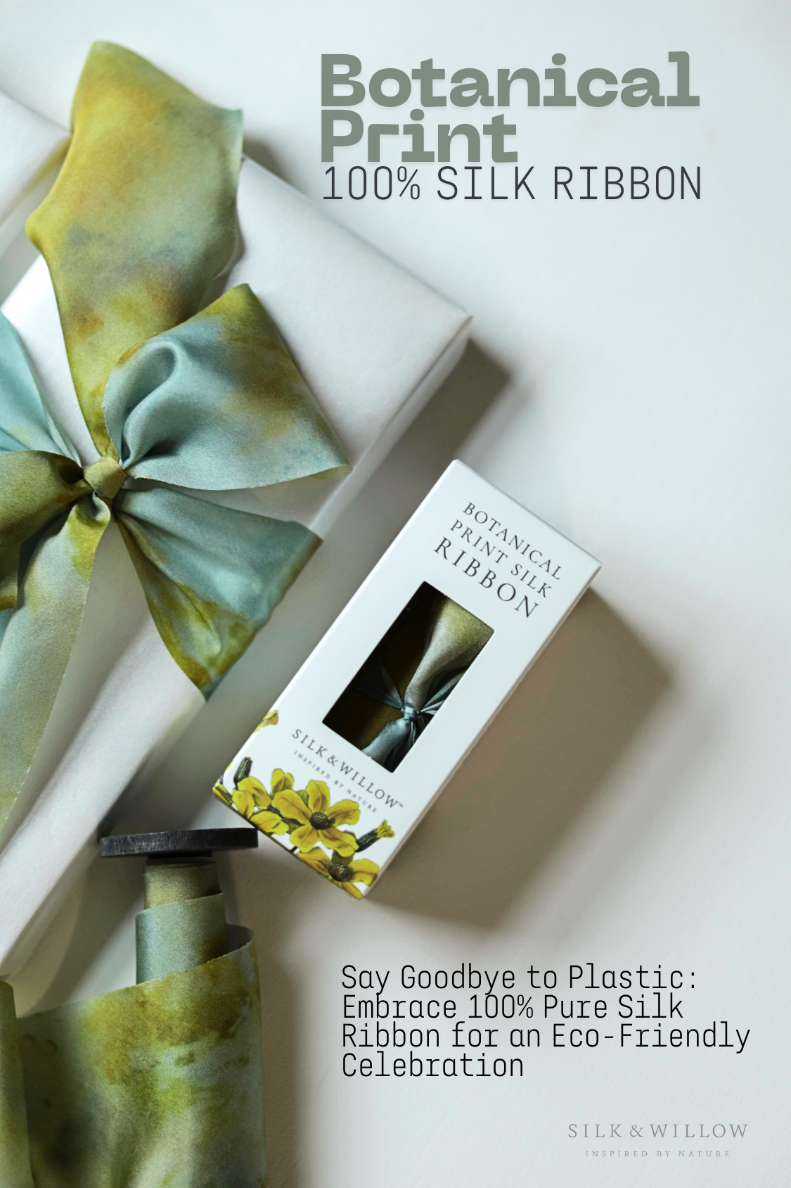 Teal Marigold Botanical Print Silk ribbon