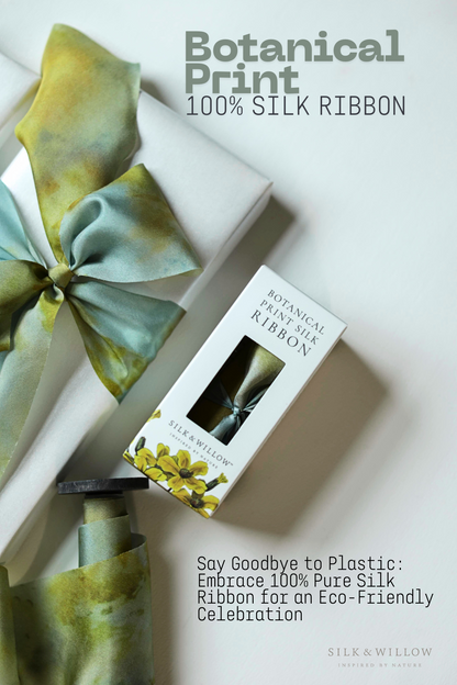 Teal Marigold Botanical Print Silk ribbon