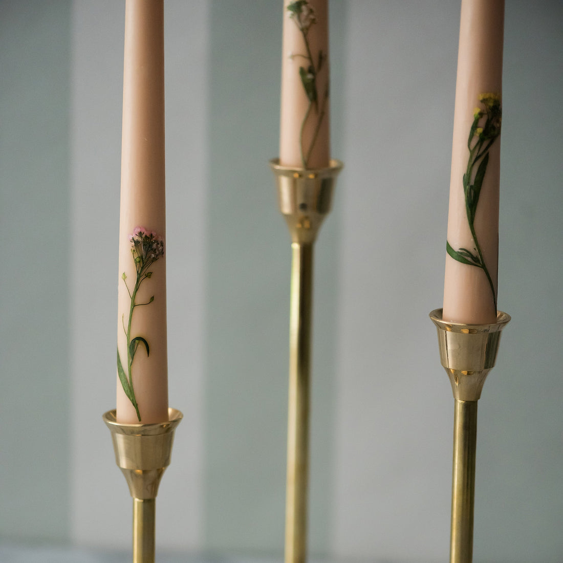Floral Inlaid Tapered Candle in Cream - Set of 3