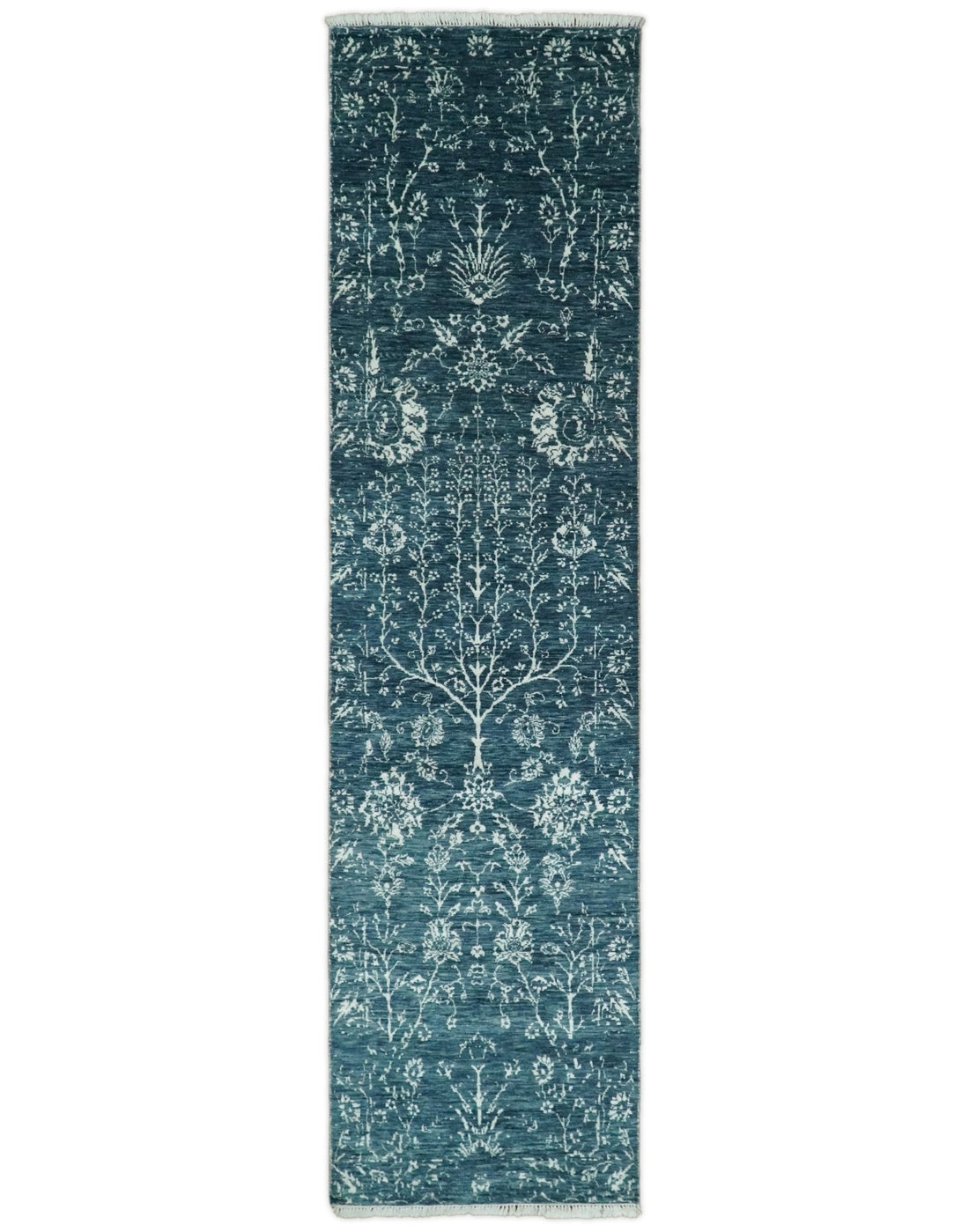 2.6x10 Fine Hand Knotted White and Blue Traditional Persian Style Antique Wool Rug