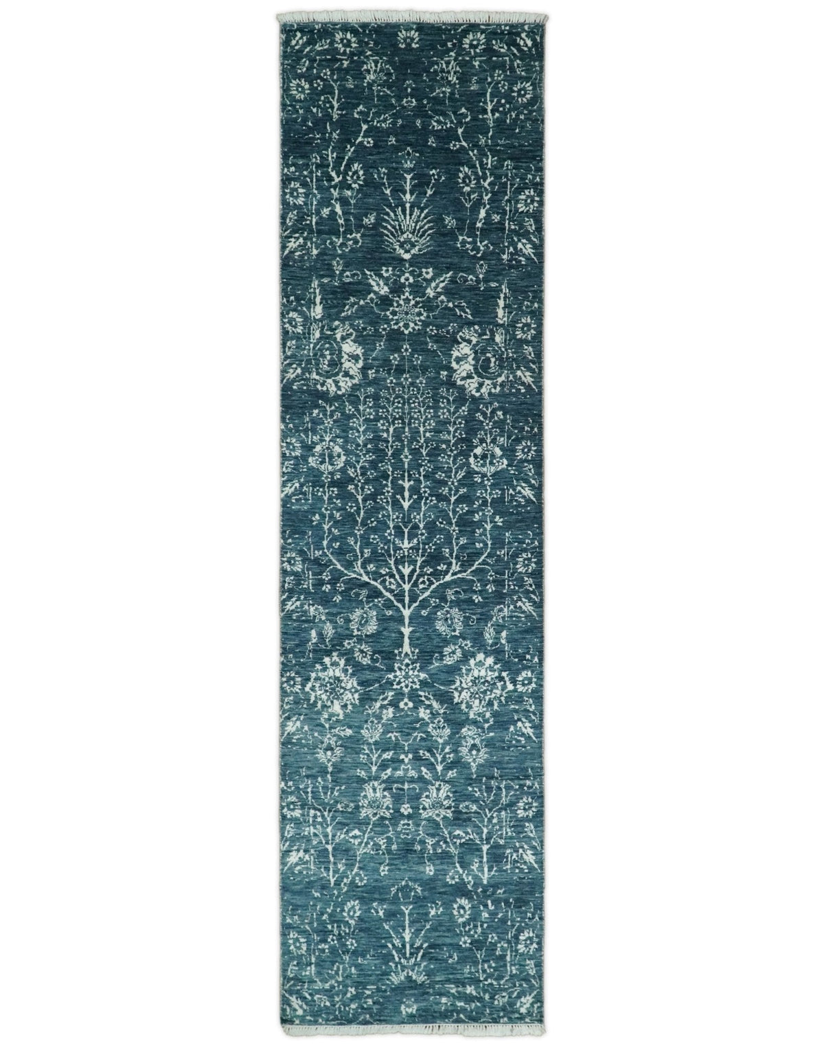 2.6x10 Fine Hand Knotted White and Blue Traditional Persian Style Antique Wool Rug