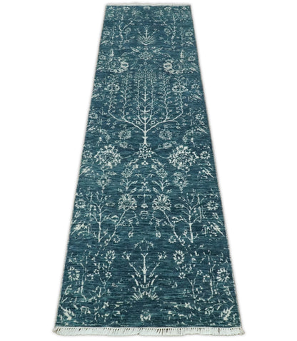 2.6x10 Fine Hand Knotted White and Blue Traditional Persian Style Antique Wool Rug