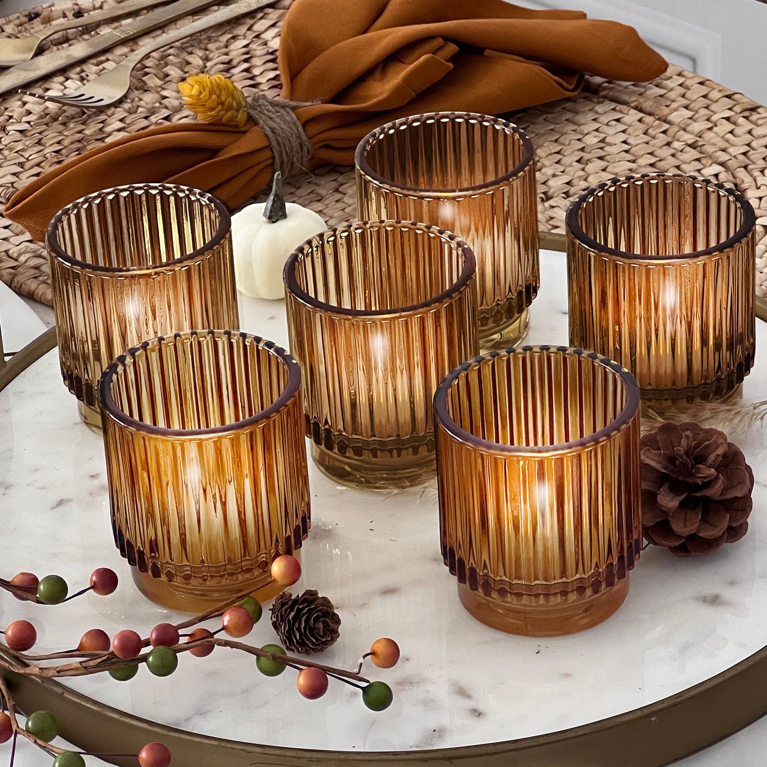 Ribbed Amber Glass Votive Candle Holder (Set of 6)