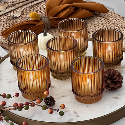 Ribbed Amber Glass Votive Candle Holder (Set of 6)