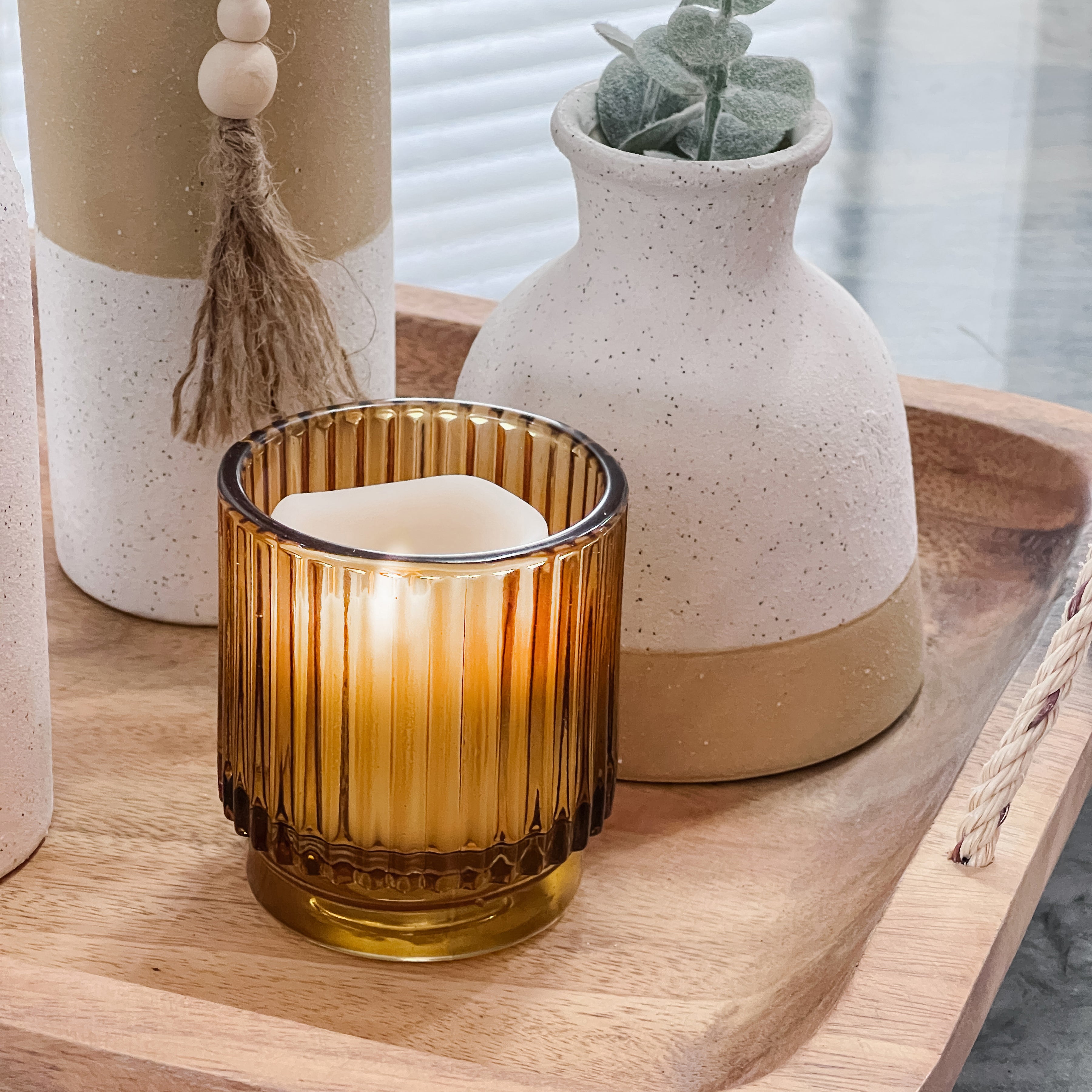 Ribbed Amber Glass Votive Candle Holder (Set of 6)
