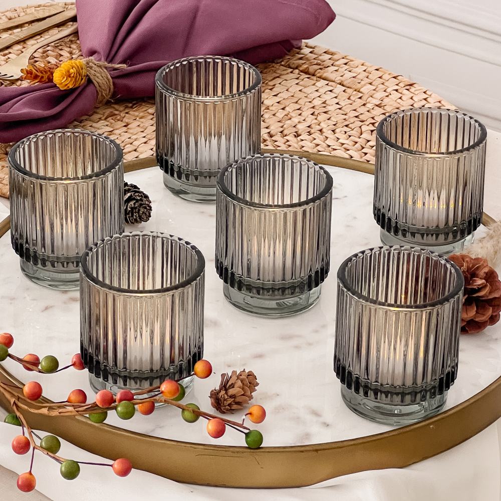Ribbed Smoke Gray Glass Votive Candle Holder (Set of 6)