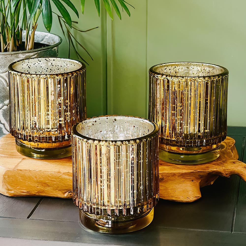 Ribbed Gold Glass Votive Candle Holder (Set of 6)