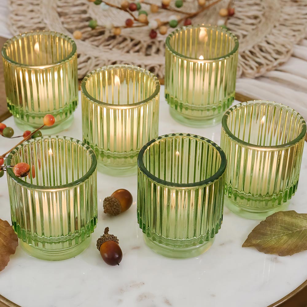 Ribbed Green Glass Votive Candle Holder (Set of 6)