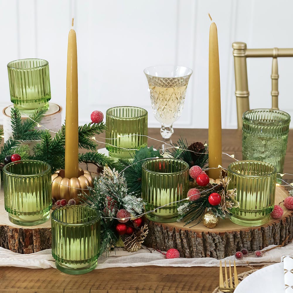 Ribbed Green Glass Votive Candle Holder (Set of 6)